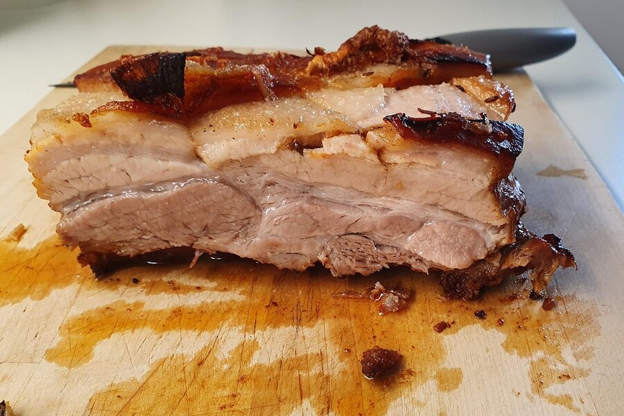 Crisp roasted pork crust, ready to slice