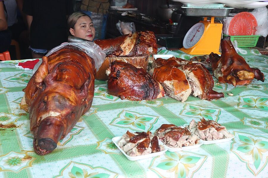 Whole roasted lechon at Talisay, Cebu, golden brown