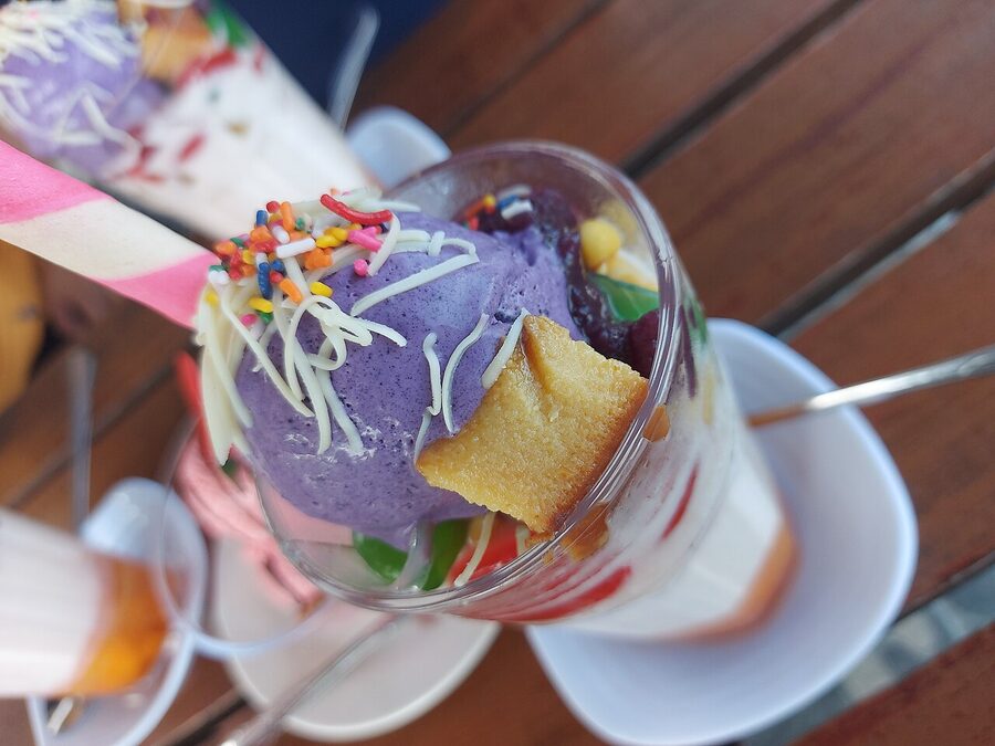 Bowl of halo-halo with leche flan and ice cream