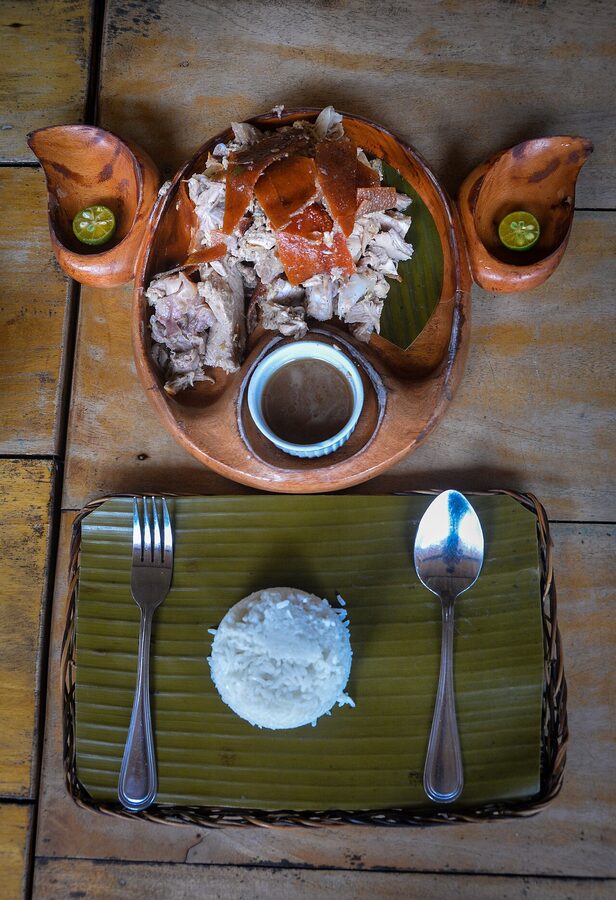 Lechon de Cebu chopped on a plate with skin on top
